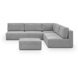 Canapé d'angle à droite modulable 8 places avec pouf en velours côtelé gris clair - Harper Mod