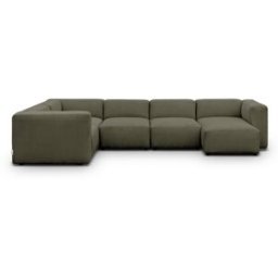 Canapé modulable panoramique 6 places avec méridienne à droite + pouf en velours côtelé vert kaki - Modulo