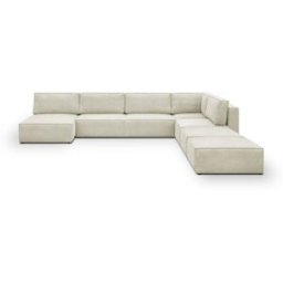 Canapé d'angle à droite panoramique convertible modulable 8 places avec 2 poufs en velours côtelé beige - Harper Mod