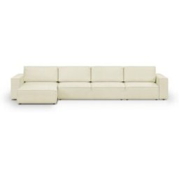 Canapé d'angle modulable convertible 7 places avec coffre de rangement en tissu bouclé beige - Harper Mod