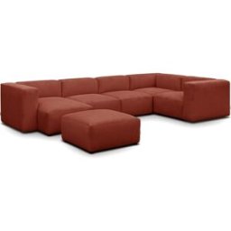 Canapé modulable panoramique 6 places avec méridienne à gauche + pouf en velours côtelé rouille - Modulo