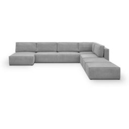 Canapé d'angle à droite panoramique convertible modulable 8 places avec 2 poufs en velours côtelé gris clair - Harper Mod