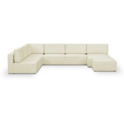 Canapé d'angle à gauche panoramique modulable convertible 10 places avec pouf en tissu bouclé beige - Harper Mod