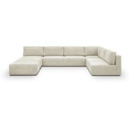 Canapé d'angle à droite panoramique modulable convertible 10 places avec pouf en velours côtelé beige - Harper Mod