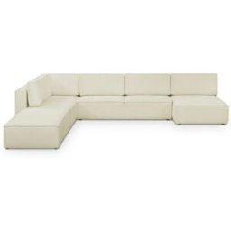 Canapé d'angle à gauche panoramique convertible modulable 8 places avec 2 poufs en tissu bouclé beige - Harper Mod