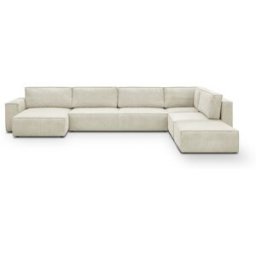 Canapé d'angle à droite panoramique convertible modulable 8 places avec pouf en velours côtelé beige - Harper Mod