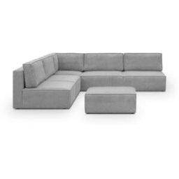 Canapé d'angle à gauche modulable 8 places avec pouf en velours côtelé gris clair - Harper Mod