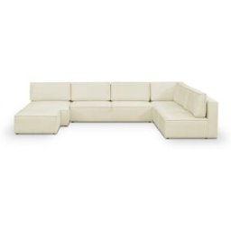 Canapé d'angle à droite panoramique modulable convertible 10 places avec pouf en tissu bouclé beige - Harper Mod