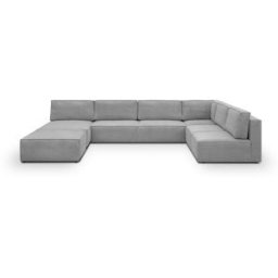 Canapé d'angle à droite panoramique modulable convertible 10 places avec pouf en velours côtelé gris clair - Harper Mod
