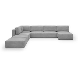 Canapé d'angle à gauche panoramique convertible modulable 8 places avec 2 poufs en velours côtelé gris clair - Harper Mod