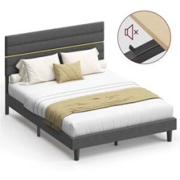 VASAGLE Lit double avec tête rembourrée ajustable en métal et bois, Gris Ardoise / 160l x 200L cm