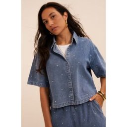 Chemise courte en denim bleu avec strass My Jewellery Bleu femme