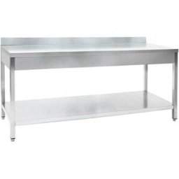 Polsinelli Table en acier inox avec étagère et bord 180 x 70 cm
