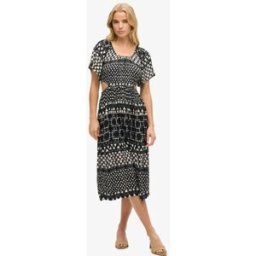 Superdry Femme Imprimé Ajourée Robe Mi-Longue, Noir, Taille: 42