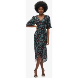 Superdry Femme Imprimé Transparente À Manches Courtes Robe Mi-Longue, Noir, Taille: 40
