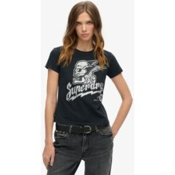 Superdry Femme Coton Imprimé Illustration Fantaisie Poster T-Shirt Ajusté, Noir, Taille: 38