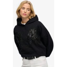 Superdry Femme Coton À Sequins Fantaisie Effet Tatouage Sweat À Capuche Oversize, Noir, Taille: 40