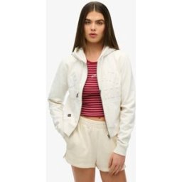 Superdry Femme Coton Imprimé Zippé Ton Sur Ton Athletic Essentials Sweat À Capuche Court, Crème, Taille: 40