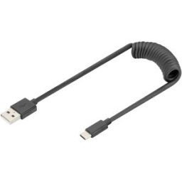 Digitus Câble USB USB 2.0 USB-A mâle, USB-C® mâle 1.00 m noir connecteur utilisable des deux cotés, blindage double, flexible, câble spiralé AK-300430-006-S