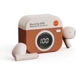 INF Écouteurs sans fil Q86 au design rétro, Bluetooth 5.4, réduction ENC et mode jeu vidéo à faible latence Marron