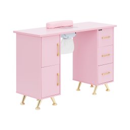 Table de manucure - avec aspiration - Rose / Doré - 3 tiroirs - repose-mains