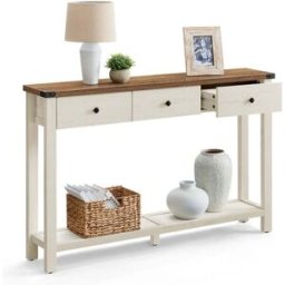 VASAGLE Table d'entrée avec 3 tiroirs et étagère de rangement, Marron Miel+Blanc Rustique / 24 x 120 x 76 cm