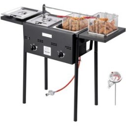 Friteuse À Gaz Professionnelle 15,1 L À Deux Cuves, 40 000 Btu/h Inox Avec Tables Latérales Pliantes Pour L'extérieur Tekmaquinas