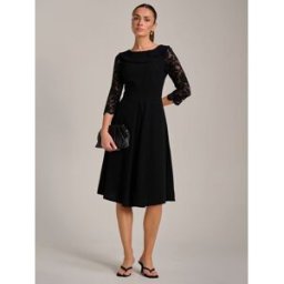 Jolie Moi Jolie Moi Roll Neck Lace Sleeve Fit & Flare Midi Dress Noir FR 40 (EU 38)