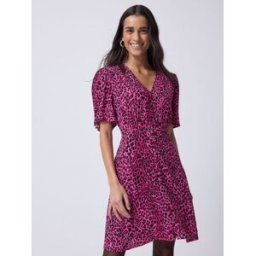 SCAMP & DUDE SCAMP & DUDE Zip Front Short Tiered Dress with Wild Leopard and Lightning Bolt Rose FR 38 (EU 36)