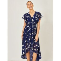 Yumi Robe mi-longue portefeuille Yumi Fleuri avec ourlet à volants bleu FR 52 (EU 50)