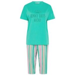 Yours Curve Yours Curve Sunny Days Stripe Short Sleeve Cropped Pyjamas Set vert FR 56-58 (EU 54-56)
