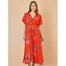 Yumi Robe mi-longue kimono Yumi en viscose imprimé oiseaux et fleurs orange FR 44 (EU 42)