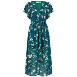 Yumi Robe mi-longue portefeuille Yumi Fleuri avec ourlet à volants vert FR 44 (EU 42)