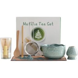 INF Ensemble Bol à Matcha en Céramique avec Fouet Bambou 76 Brins - Kit Cérémonie Sakura 8 Pièces Bleu