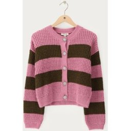 Cardigan rayé rose avec boutons en strass My Jewellery Rose/Vert foncé XL femme