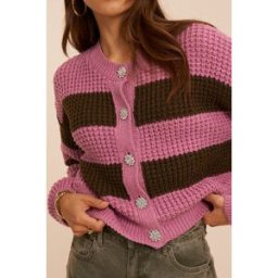 Cardigan rayé rose avec boutons en strass My Jewellery Rose/Vert foncé femme