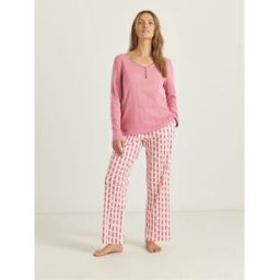 JD Williams JD Williams Henley Top Heart Print Pyjamas Set Rose FR 46-48 (EU 44-46)