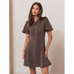 Lipsy Lipsy Contrast Stitch Collared Zip Front Short Sleeve Mini Dress Brun FR 36 (EU 34)