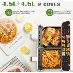 NIKYPJ Friteuse Sans Huile 9l Airfryer Xxl Double Bac 2000w, Friteuse À Air Chaud 10 En 1 Avec Écran Tactile Led, 80-200°c