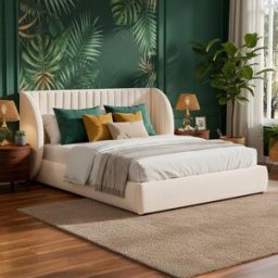 Mobilier design - Lit coffre-complet avec tête de lit modulable cocon tissu beige - 256x219x110 cm OS