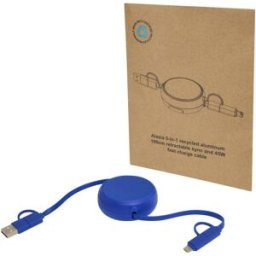 Câble rétractable 5 en 1 Alasia de 100 cm en plastique recyclé et aluminium pour la synchronisation des données et la charge Bleu Royal