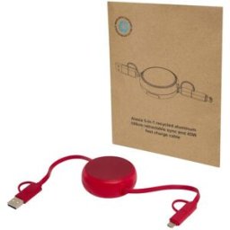 Câble rétractable 5 en 1 Alasia de 100 cm en plastique recyclé et aluminium pour la synchronisation des données et la charge rouge
