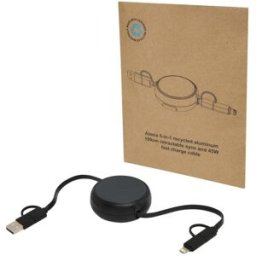 Câble rétractable 5 en 1 Alasia de 100 cm en plastique recyclé et aluminium pour la synchronisation des données et la charge noir