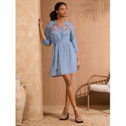 loveroses V & A I Love & Roses Embroidered Belted 3/4 Sleeve Mini Dress bleu FR 48 (EU 46)