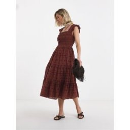 JD Williams JD Williams Broderie Shirred Frill Sleeve Maxi Dress Brun FR 44 (EU 42)