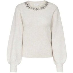 ONLY ONLY Cream Long Sleeve Round Neck Rhinestone Detail Jumper Gris FR 46 (EU 44)