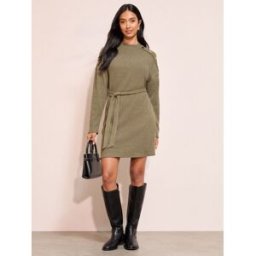 friendslikethese Robe mini confortable à manches longues, boutons, épaules nouées et ceinture à nouer, très appréciée des amies vert FR 42 (EU 40)
