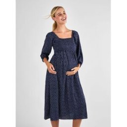 jojomamanbb JoJo Maman Bébé Mid Puff Sleeve Shirred Maternity Midi Dress bleu M (FR 42-44)