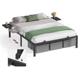 VASAGLE Lit double en métal avec étagères de rangement pour chambre moderne, Noir classique / 160l x 200L cm / sans tête de lit