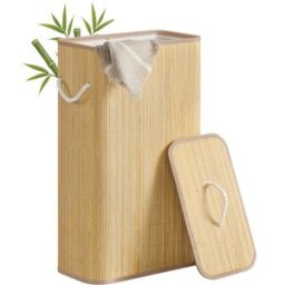 SONGMICS Panier à linge en bambou avec couvercle et sac lavable, 60L Rectangulaire